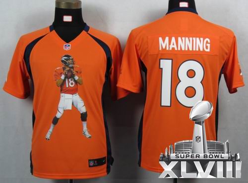 Youth printed 2012 Nike Denver Broncos 18# Peyton Manning orange Portrait Fashion Game 2014 Super bowl XLVIII(GYM) Jersey