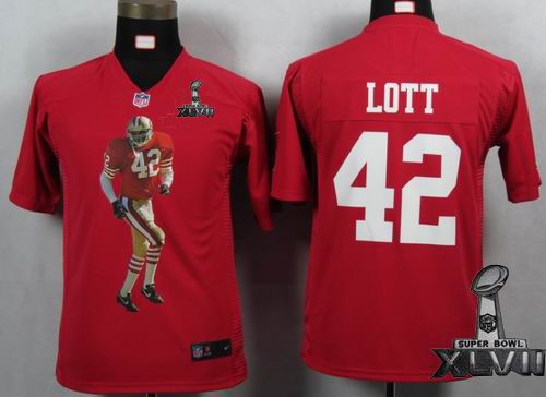 Youth printed nike San Francisco 49ers #42 Ronnie Lott red Portrait Fashion Game 2013 Super Bowl XLVII Jersey