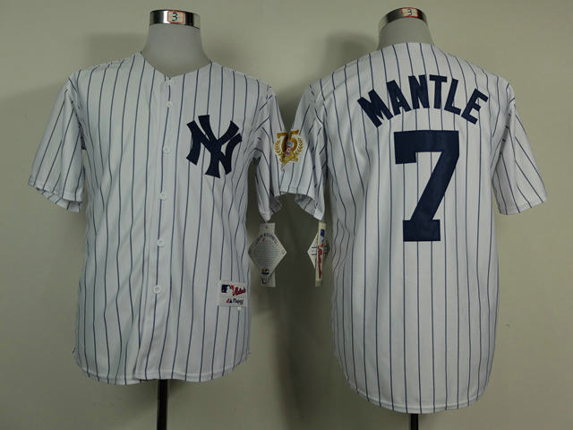 kid New York Yankees 7 Mantle White with 75th patch Jersey