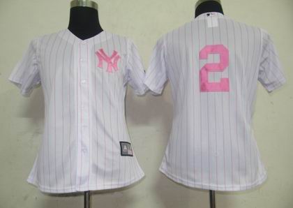 women New York Yankees #2 Derek Jeter jerseys white pink strip