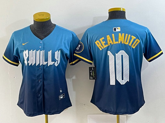 women Philadelphia Phillies #10 J.T. Realmuto Blue 2024 City Connect Limited Stitched Baseball Jersey