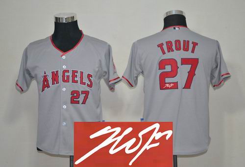 youth Los Angeles Angels #27 Mike Trout grey signature Jersey