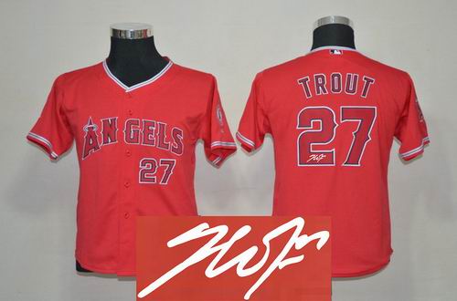 youth Los Angeles Angels #27 Mike Trout red signature Jersey