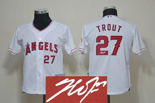 youth Los Angeles Angels #27 Mike Trout white signature Jersey